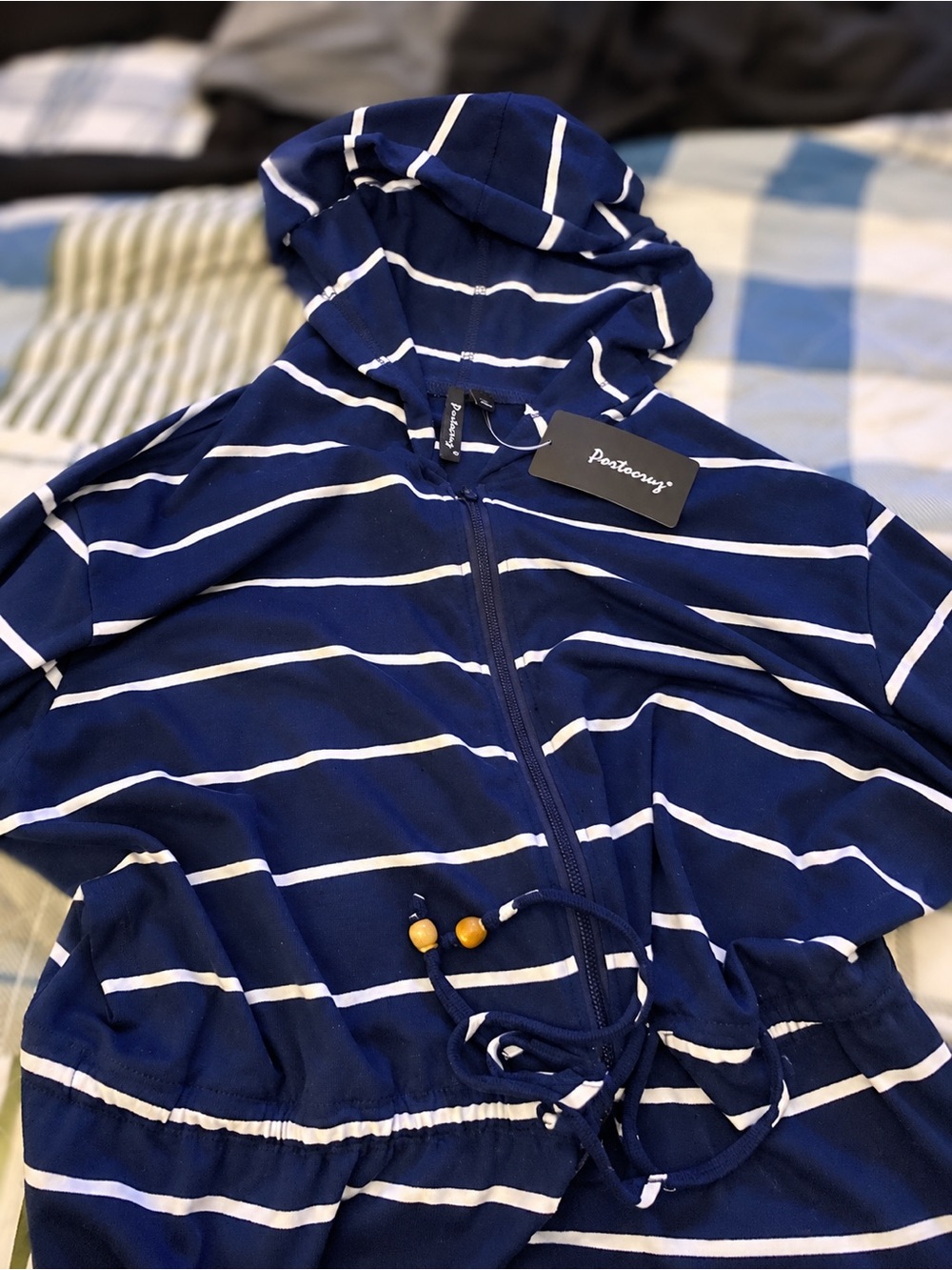 Portocruz Navy White Striped Hooded Zip Swim Cover-Up Large NWT